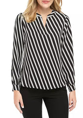 Split Neck Double Bias Stripe Blouse - Plus