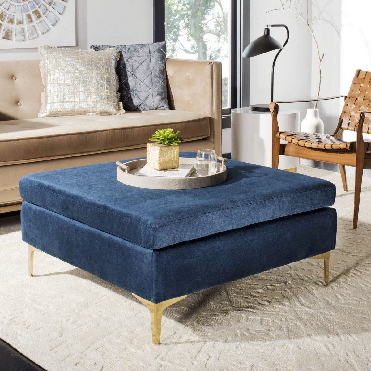  Safavieh Giovanna Square Ottoman - Navy Velvet - Bonton