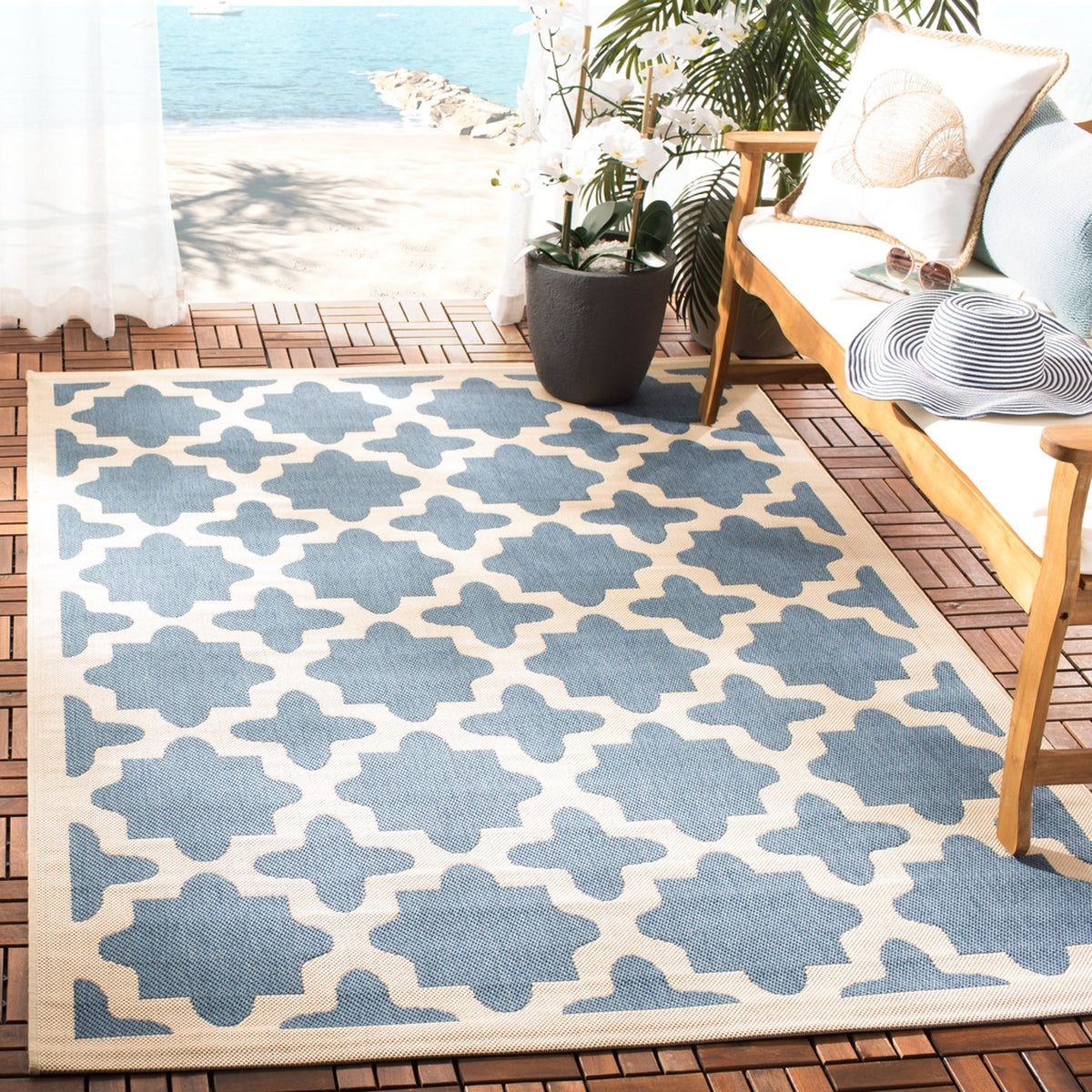  Safavieh Courtyard 6913 Indoor / Outdoor Rug - Blue / Beige - Bonton