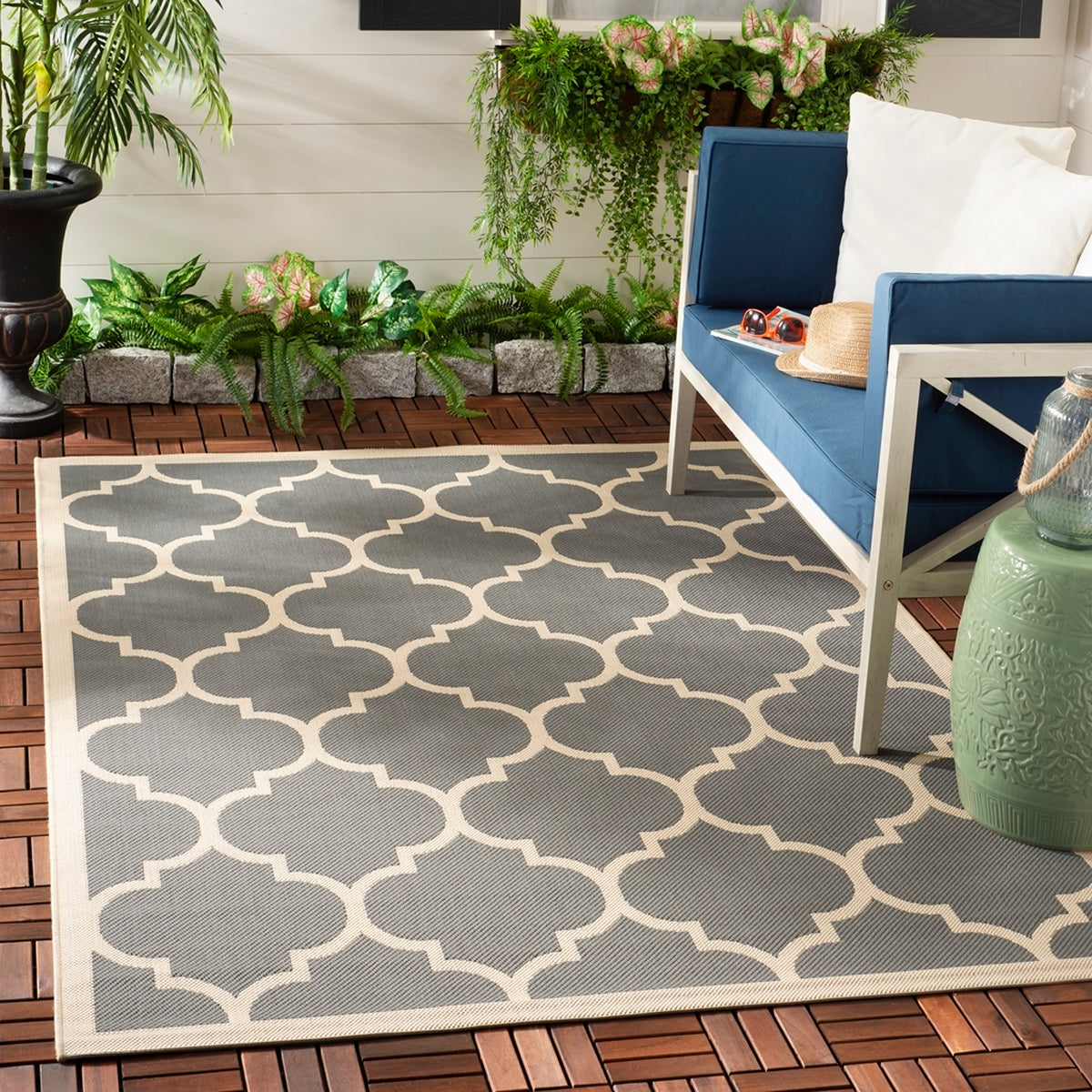  Safavieh Courtyard 6914 Indoor / Outdoor Rug - Anthracite / Beige - Bonton