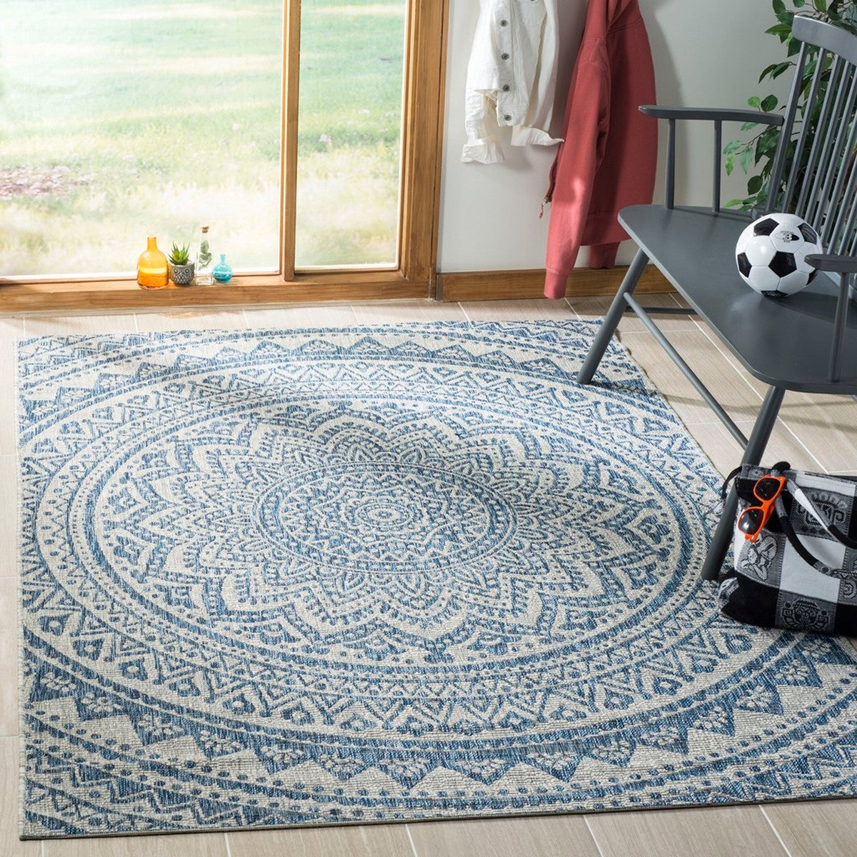  Safavieh Courtyard 8734 Indoor / Outdoor Rug - Light Grey / Teal - Bonton