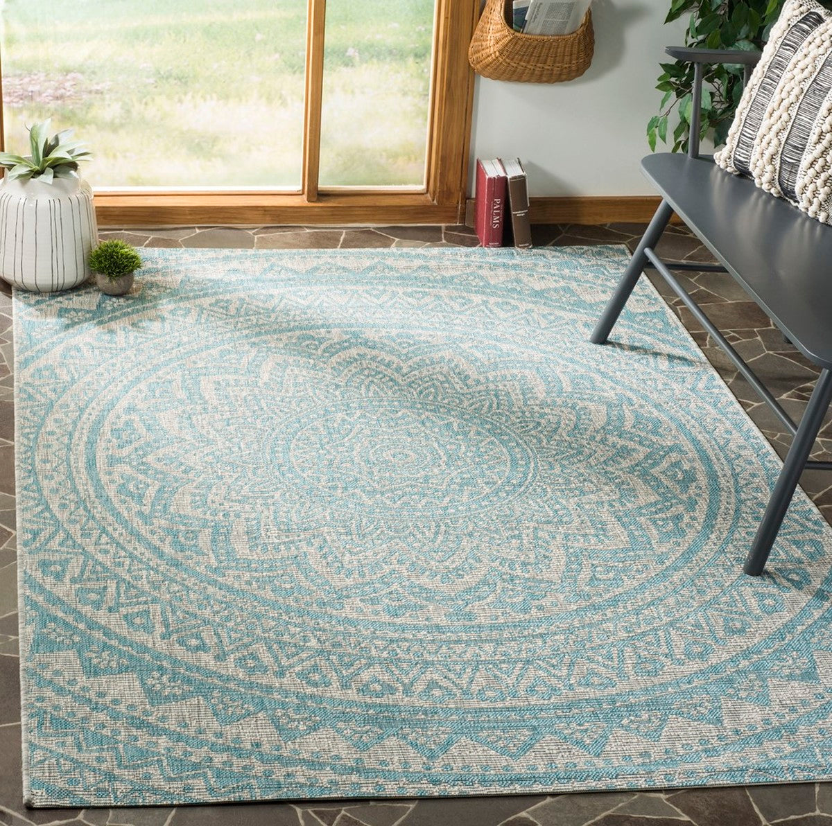  Safavieh Courtyard 8734 Indoor / Outdoor Rug - Light Grey / Blue - Bonton