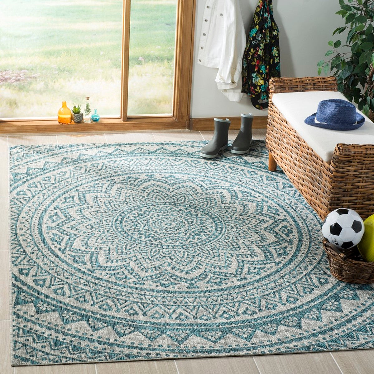  Safavieh Courtyard 8734 Indoor / Outdoor Rug - Light Grey / Teal - Bonton