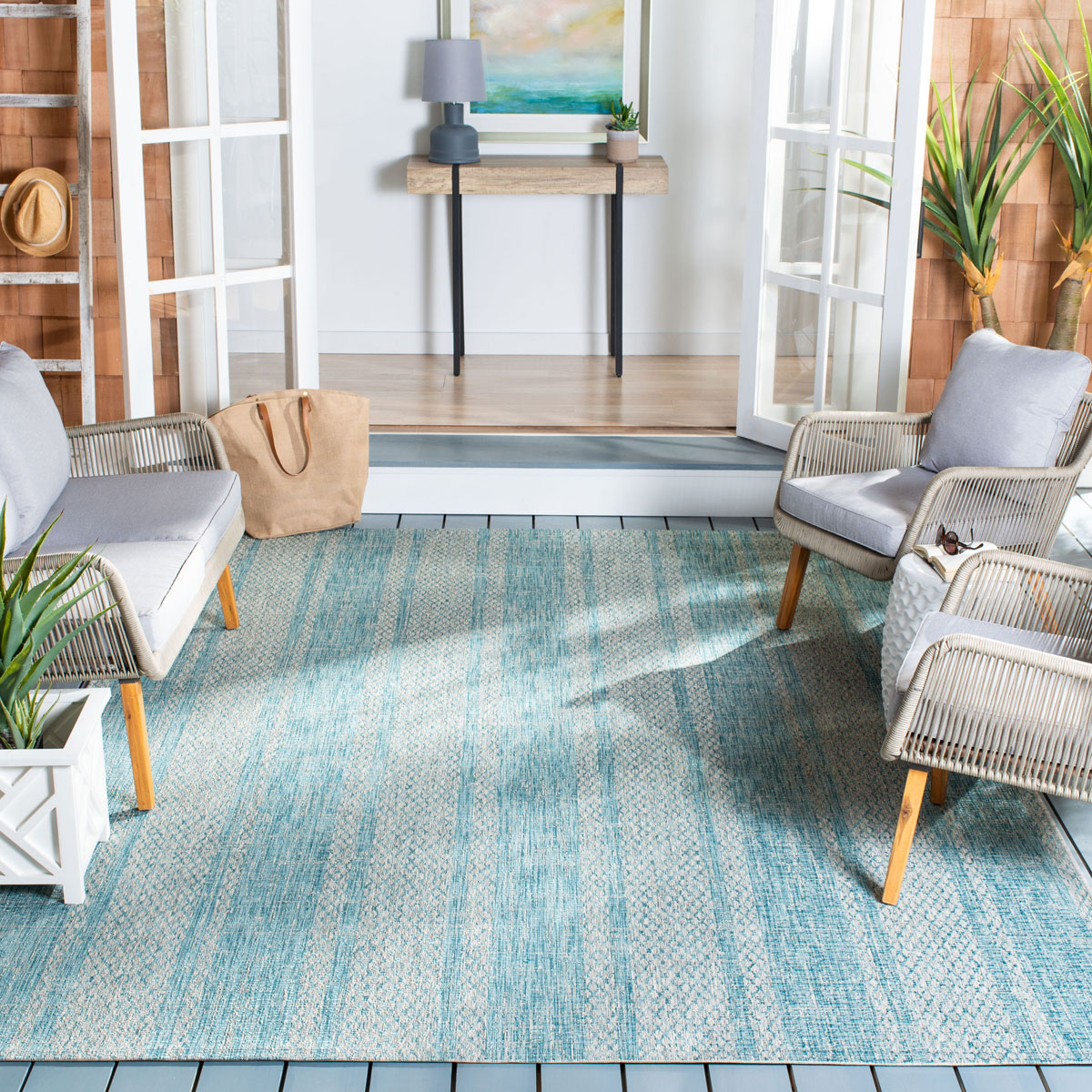  Safavieh Courtyard 8736 Indoor / Outdoor Rug - Light Grey / Teal - Bonton