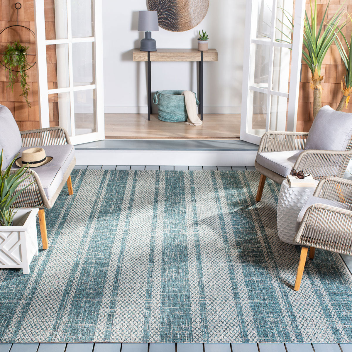  Safavieh Courtyard 8736 Indoor / Outdoor Rug - Light Grey / Teal - Bonton