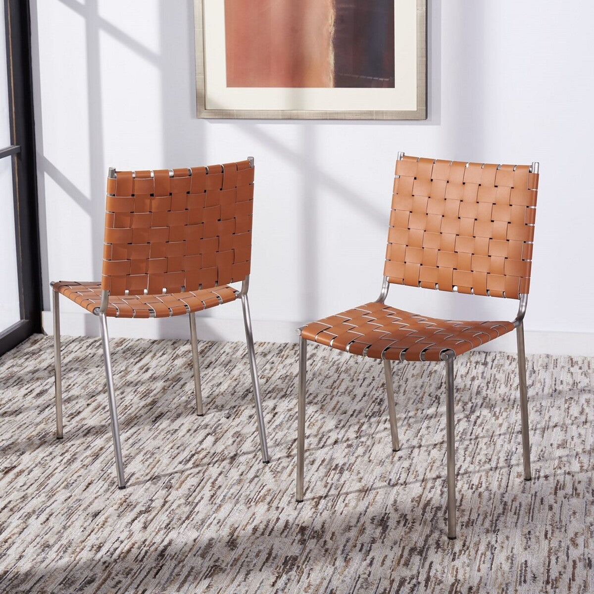  Safavieh Wesson Woven Leather Dining Chair Set of 2 - Cognac / Black - Bonton