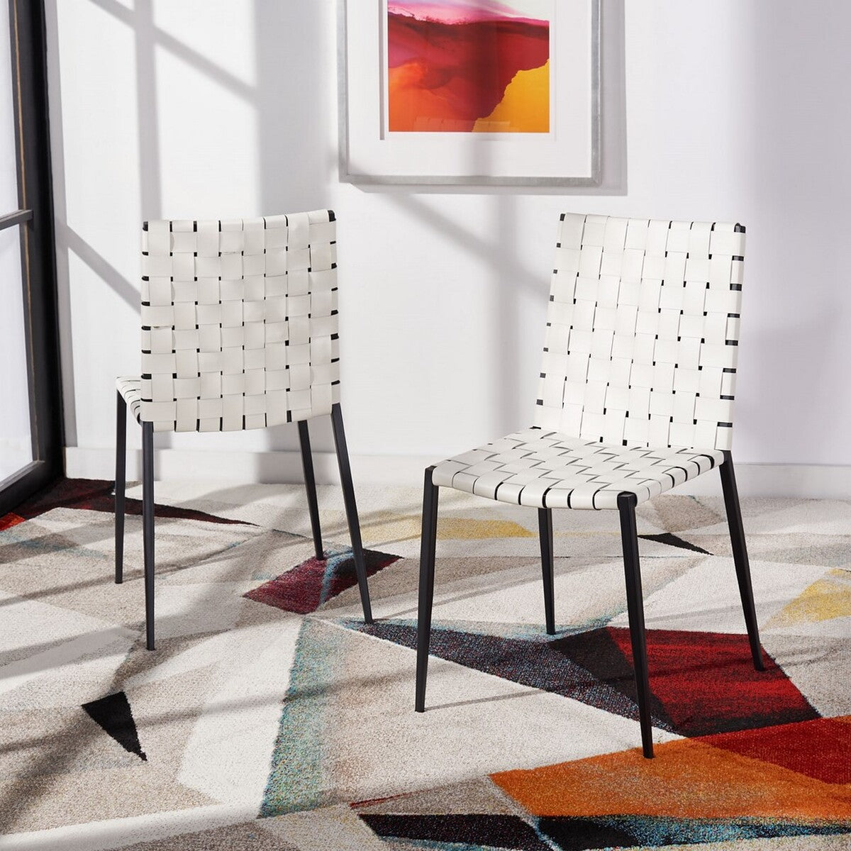  Safavieh Rayne Woven Dining Chairs Set of 2 - White / Black - Bonton