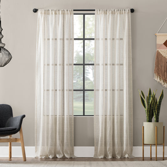 Textured Slub Stripe Anti-Dust Linen Blend Sheer Curtain Panel