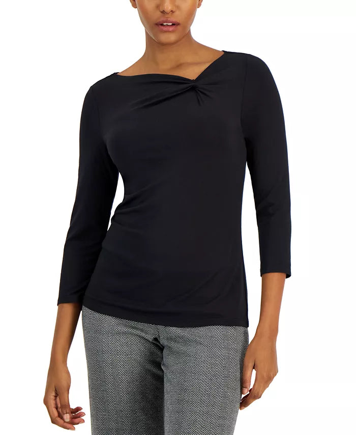  Anne Klein 3/4 Sleeve Asymmetrical Twist Neck Seamless Top - Anne Black - Bonton