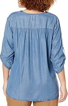  Anne Klein Plus Size Tencel Denim Split Neck Blouse - Medium Wash - Bonton