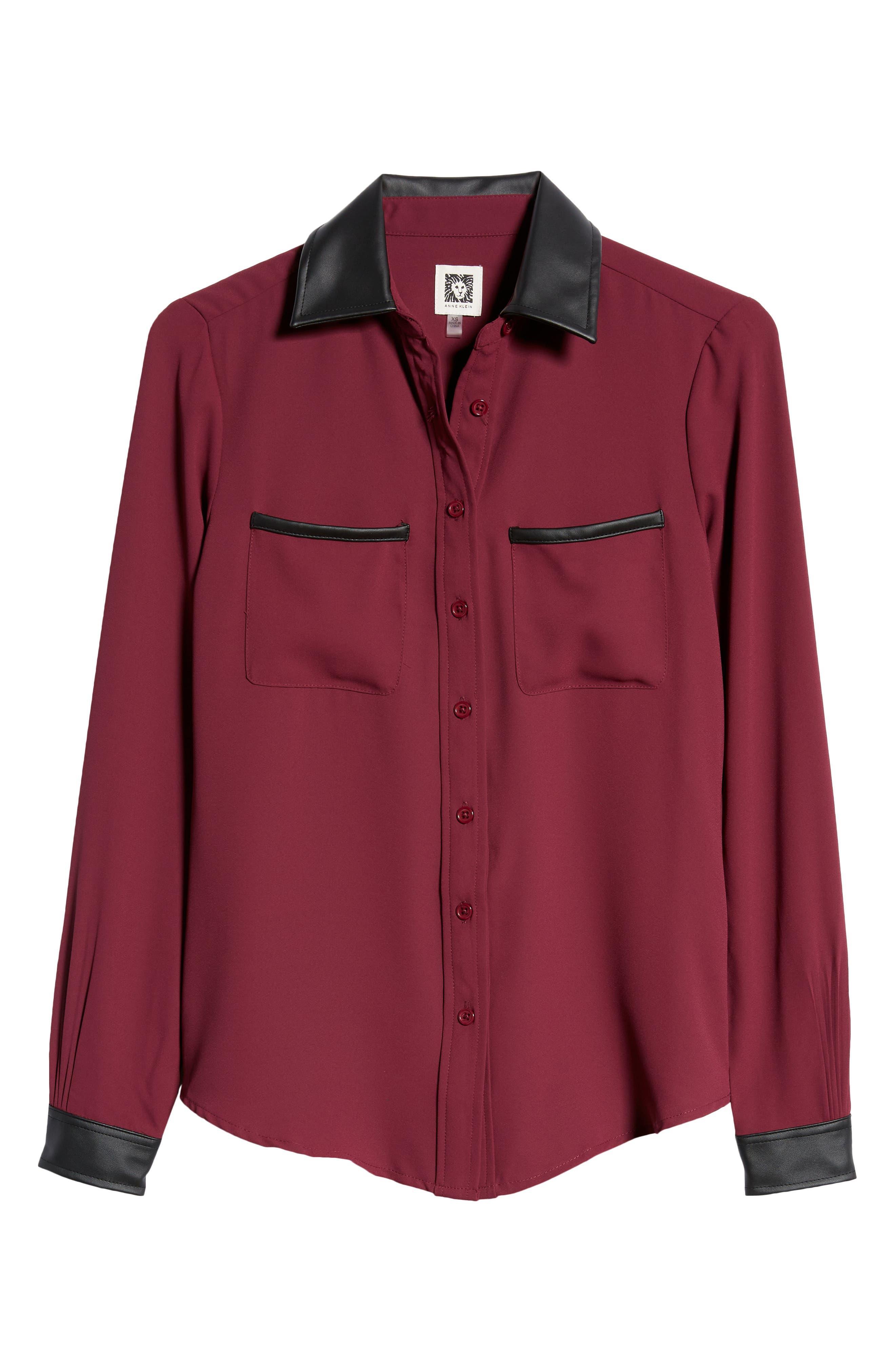  Anne Klein Long Sleeve Button Down With Faux Leather Details - Chianti - Bonton