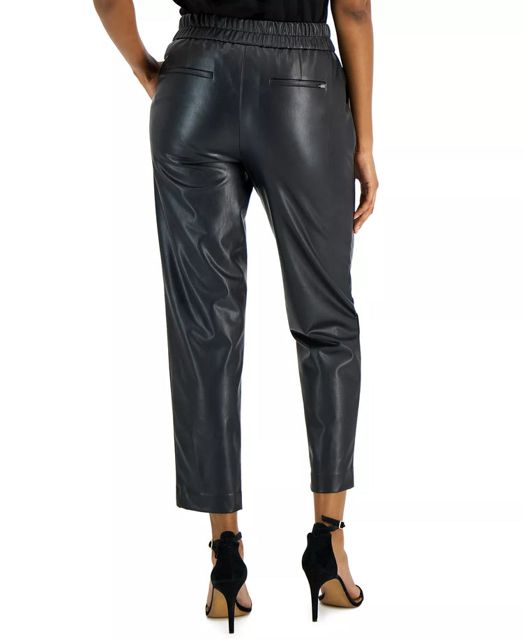 Faux Leather Slim Ankle Pants with Cinched Waist