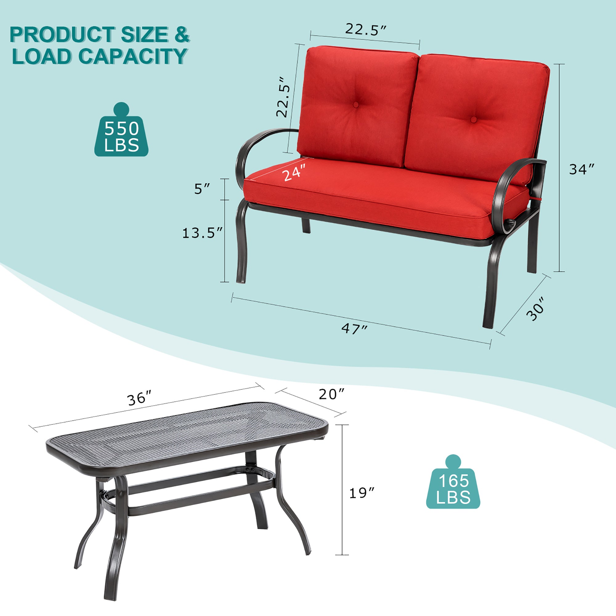  Cushioned Loveseat and Coffee Table 2 Piece Set - Red - Bonton