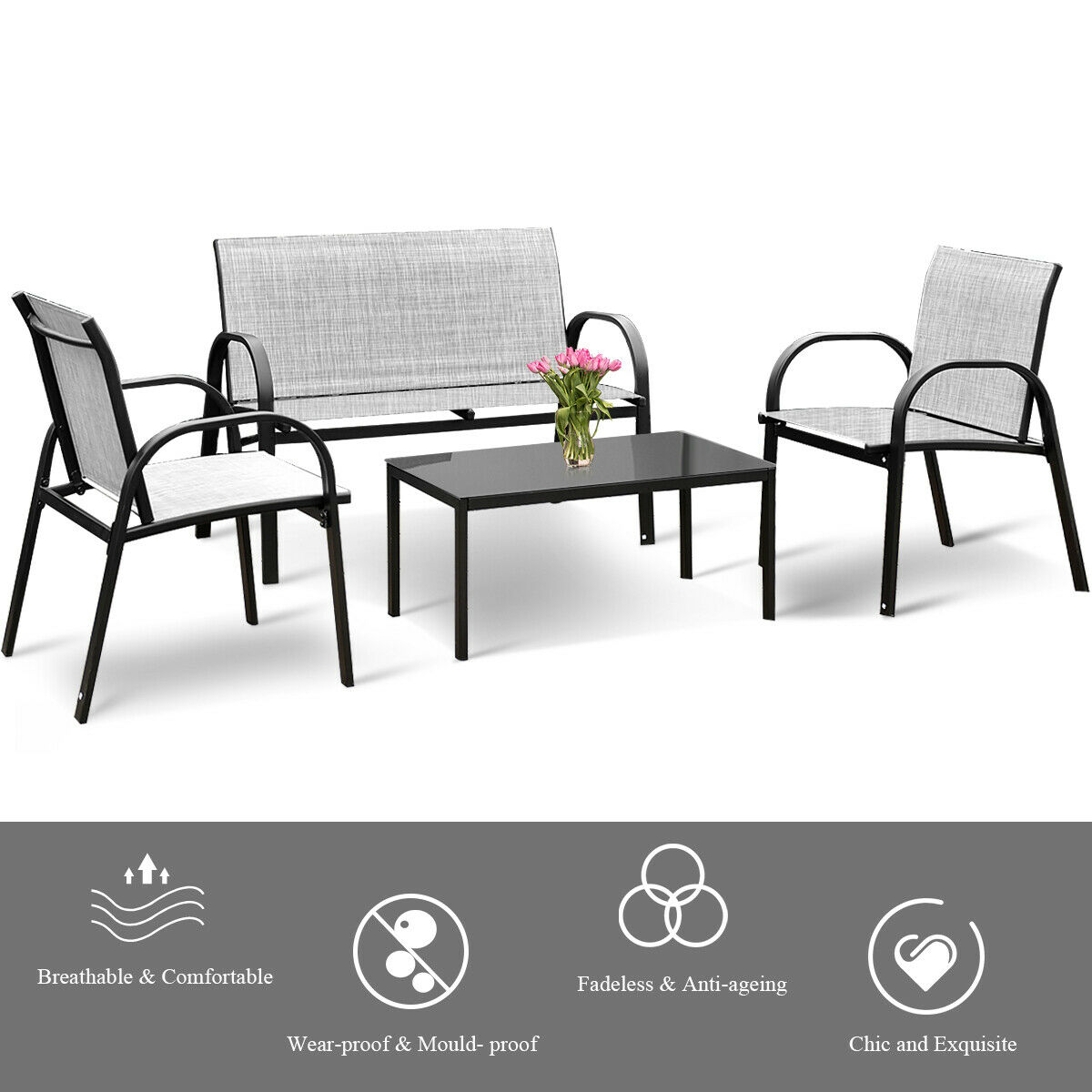  Metal Frame 4 Piece Furniture Set - Gray - Bonton