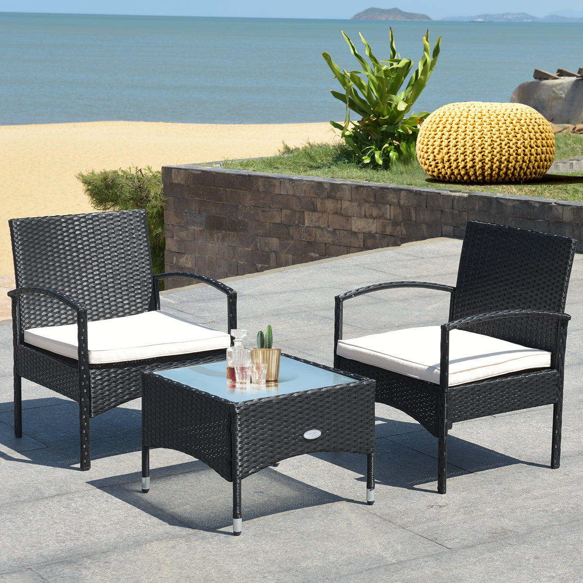  3 Piece Black Wicker Rattan Cushioned Chair Set with Table - Black - Bonton