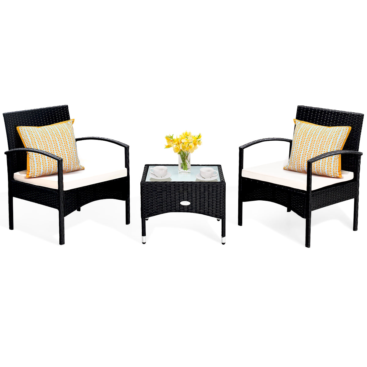  3 Piece Black Wicker Rattan Cushioned Chair Set with Table - Black - Bonton