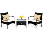 3 Piece Black Wicker Rattan Cushioned Chair Set with Table