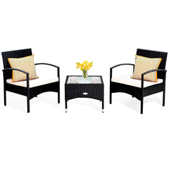 3 Piece Black Wicker Rattan Cushioned Chair Set with Table