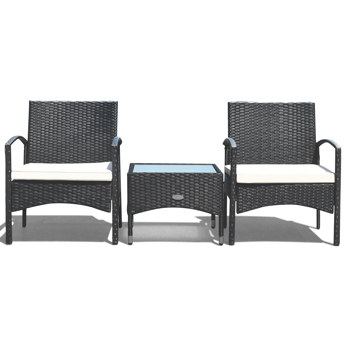  3 Piece Black Wicker Rattan Cushioned Chair Set with Table - Black - Bonton