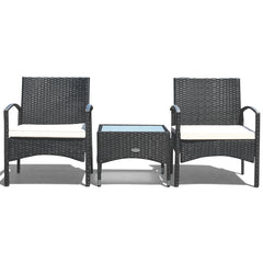 3 Piece Black Wicker Rattan Cushioned Chair Set with Table