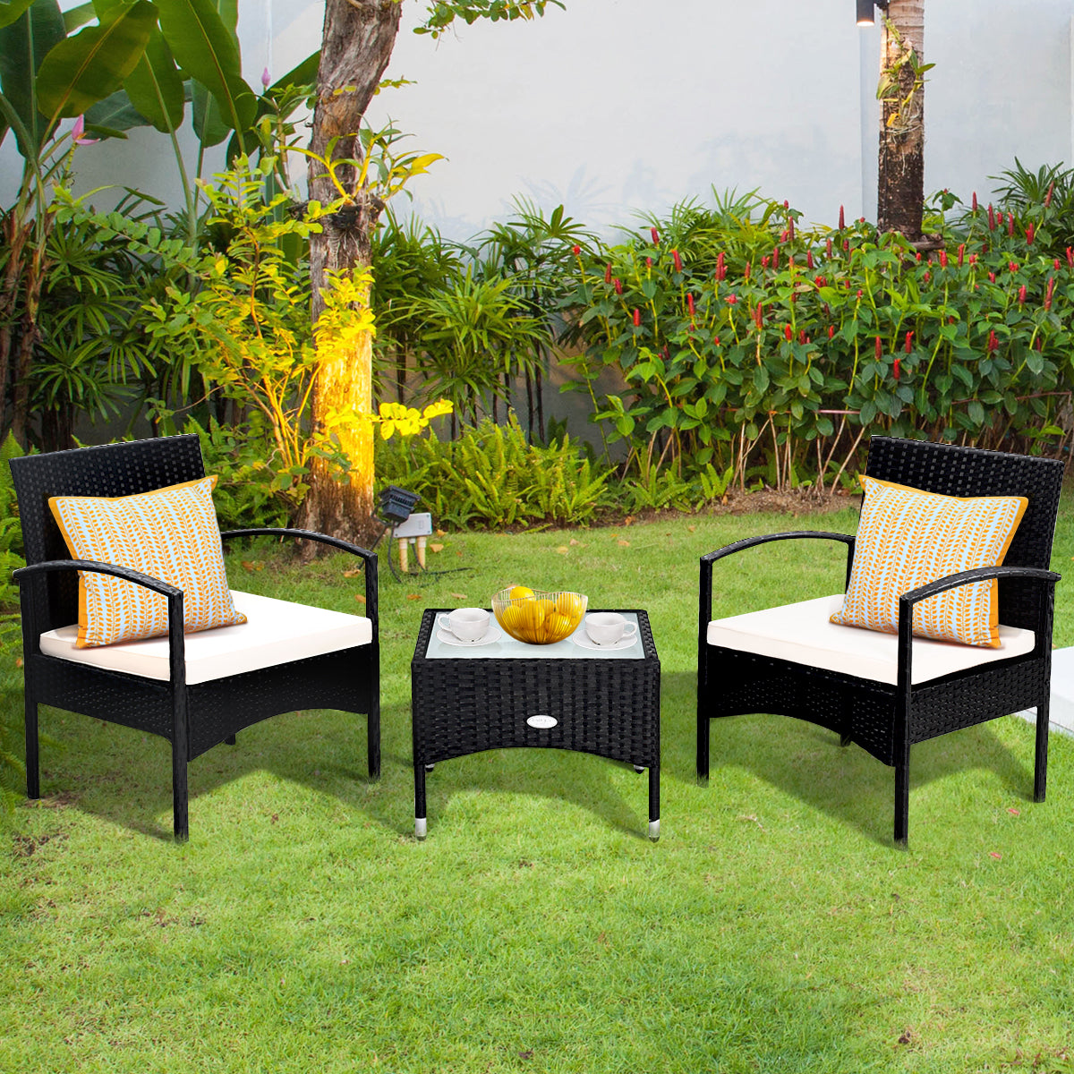  3 Piece Black Wicker Rattan Cushioned Chair Set with Table - Black - Bonton