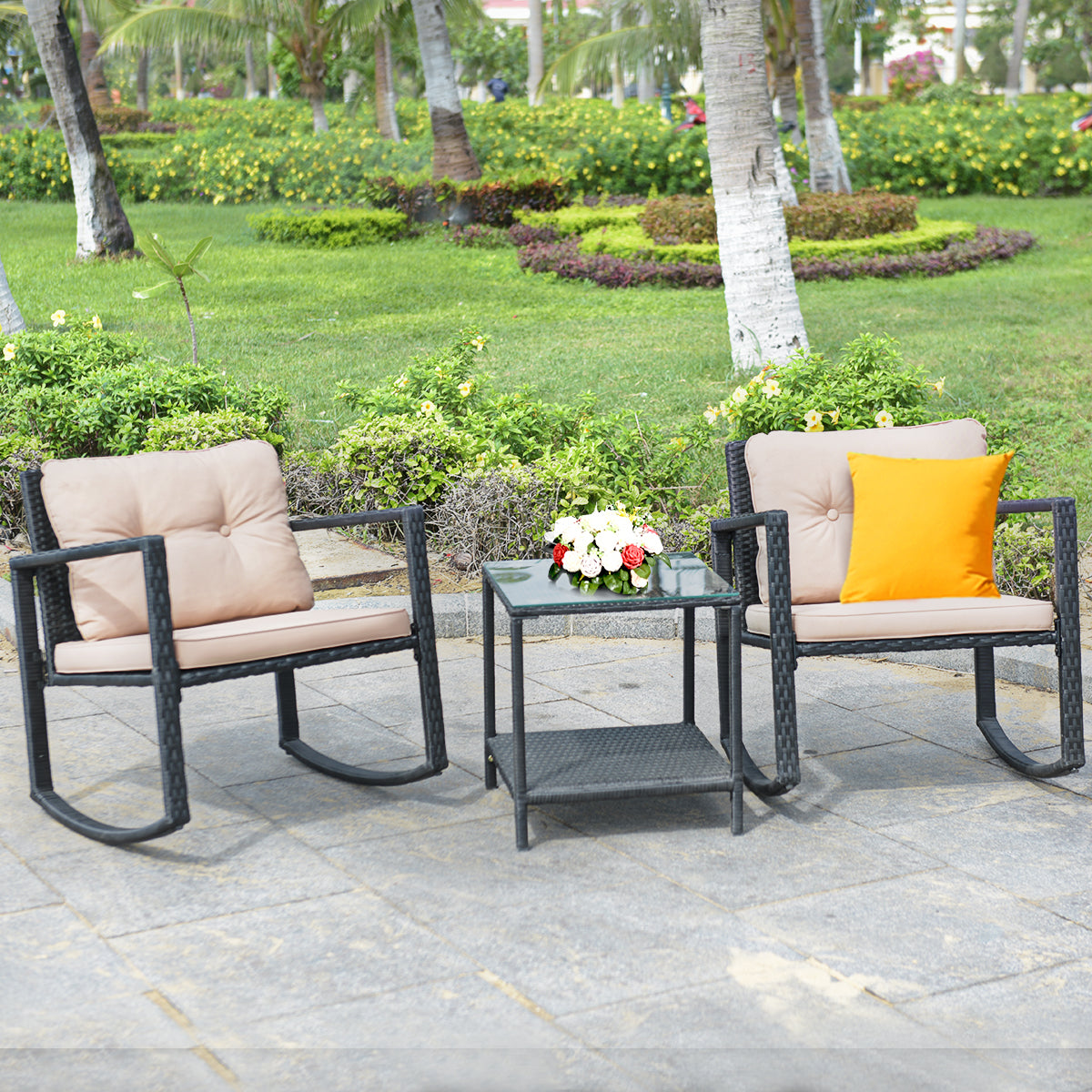  3 Piece Rattan Rocking Chair Conversation Set - Charcoal - Bonton