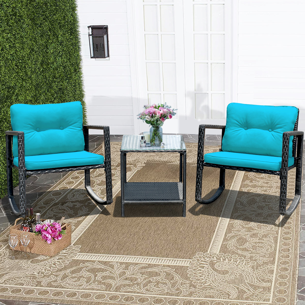  3 Piece Rattan Rocking Chair Conversation Set - Black - Bonton