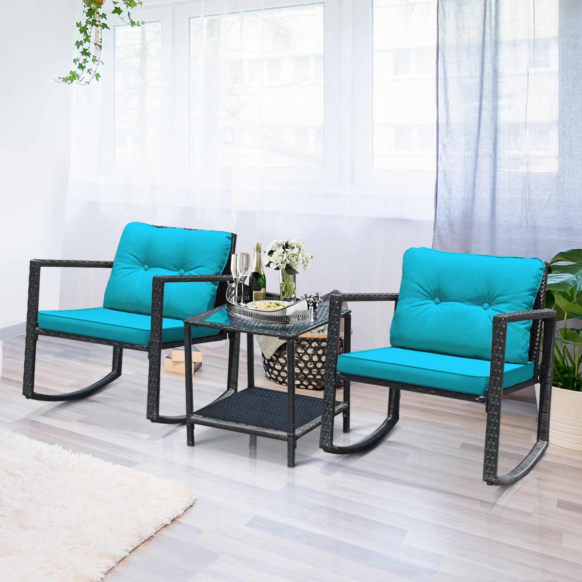  3 Piece Rattan Rocking Chair Conversation Set - Black - Bonton