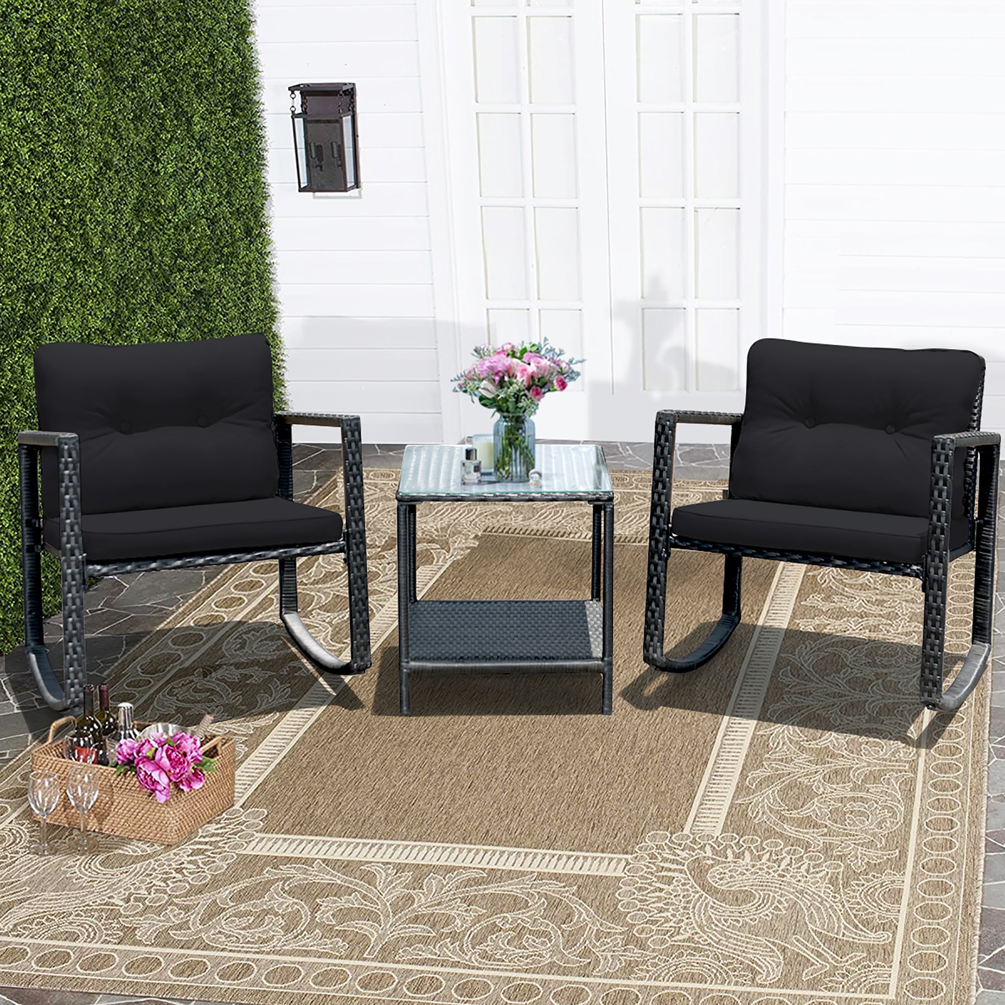  3 Piece Rattan Rocking Chair Conversation Set - Black - Bonton