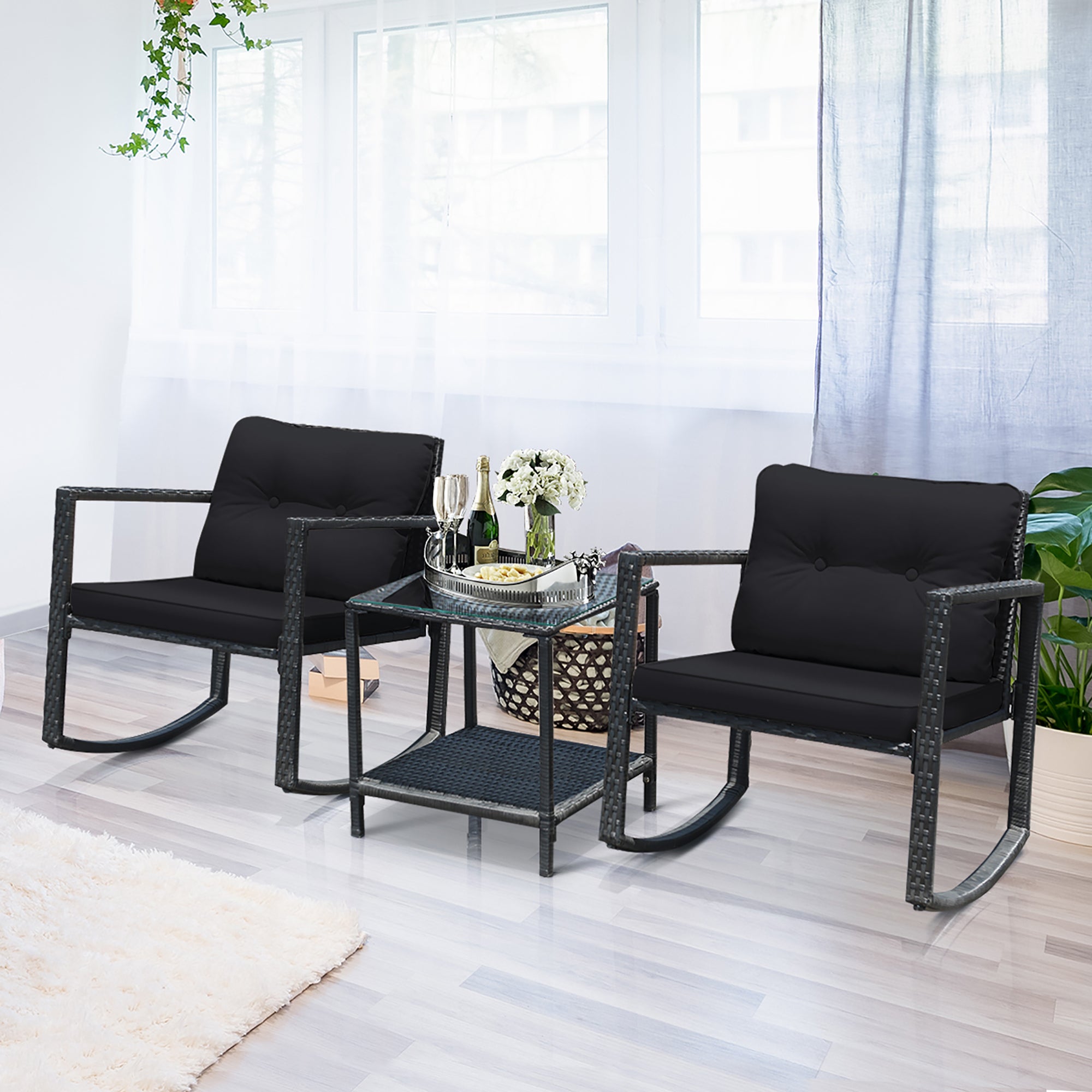  3 Piece Rattan Rocking Chair Conversation Set - Black - Bonton