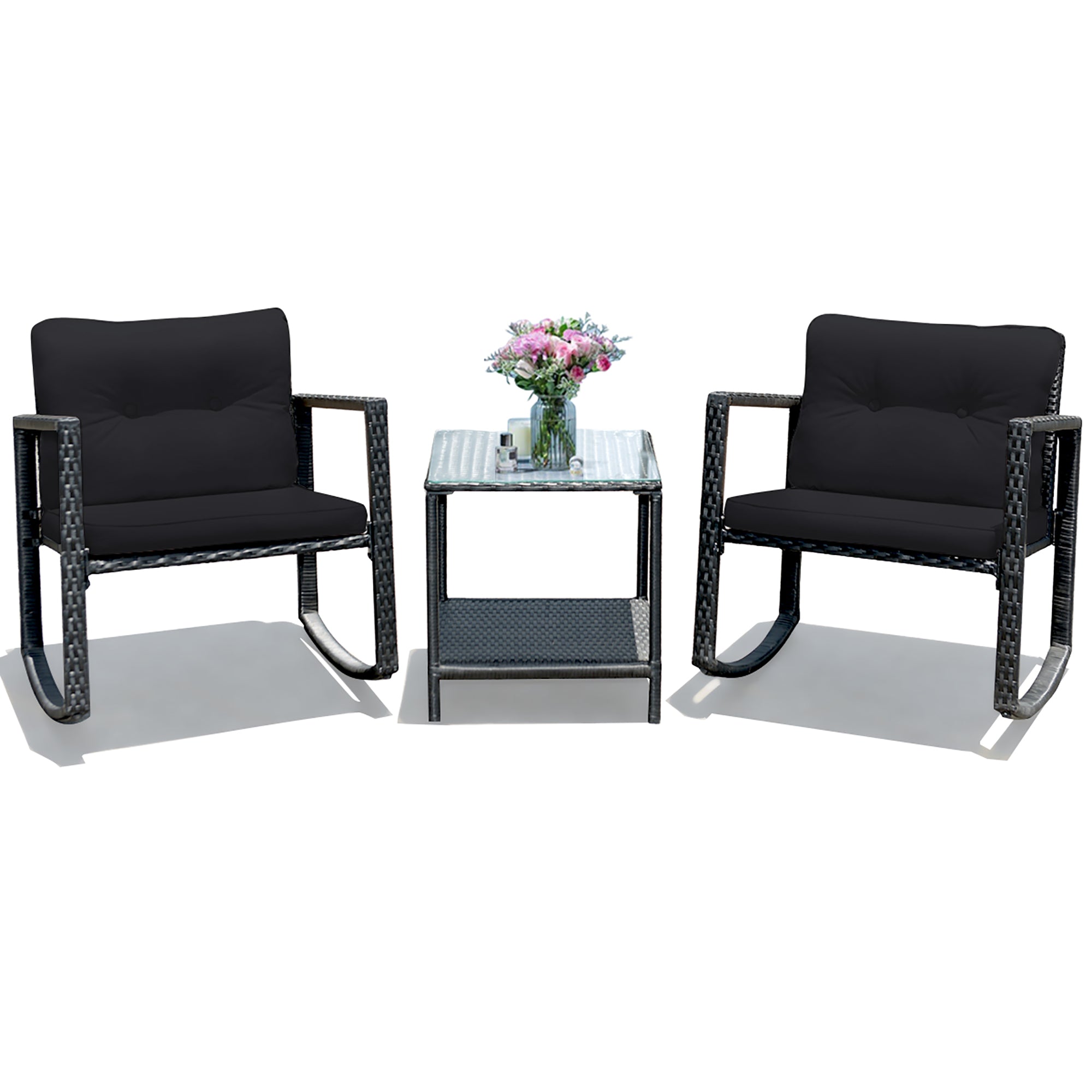  3 Piece Rattan Rocking Chair Conversation Set - Black - Bonton