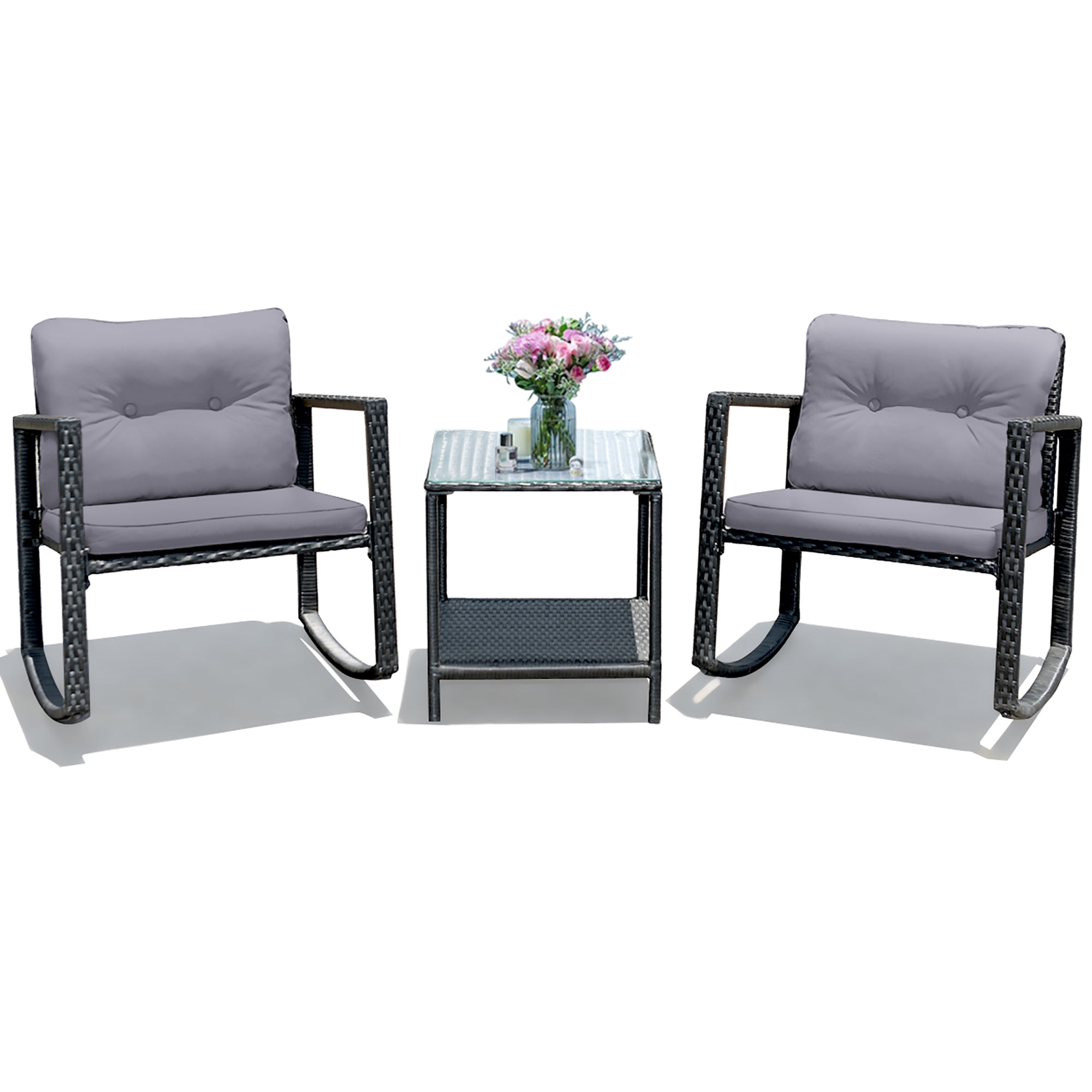  3 Piece Rattan Rocking Chair Conversation Set - Charcoal - Bonton