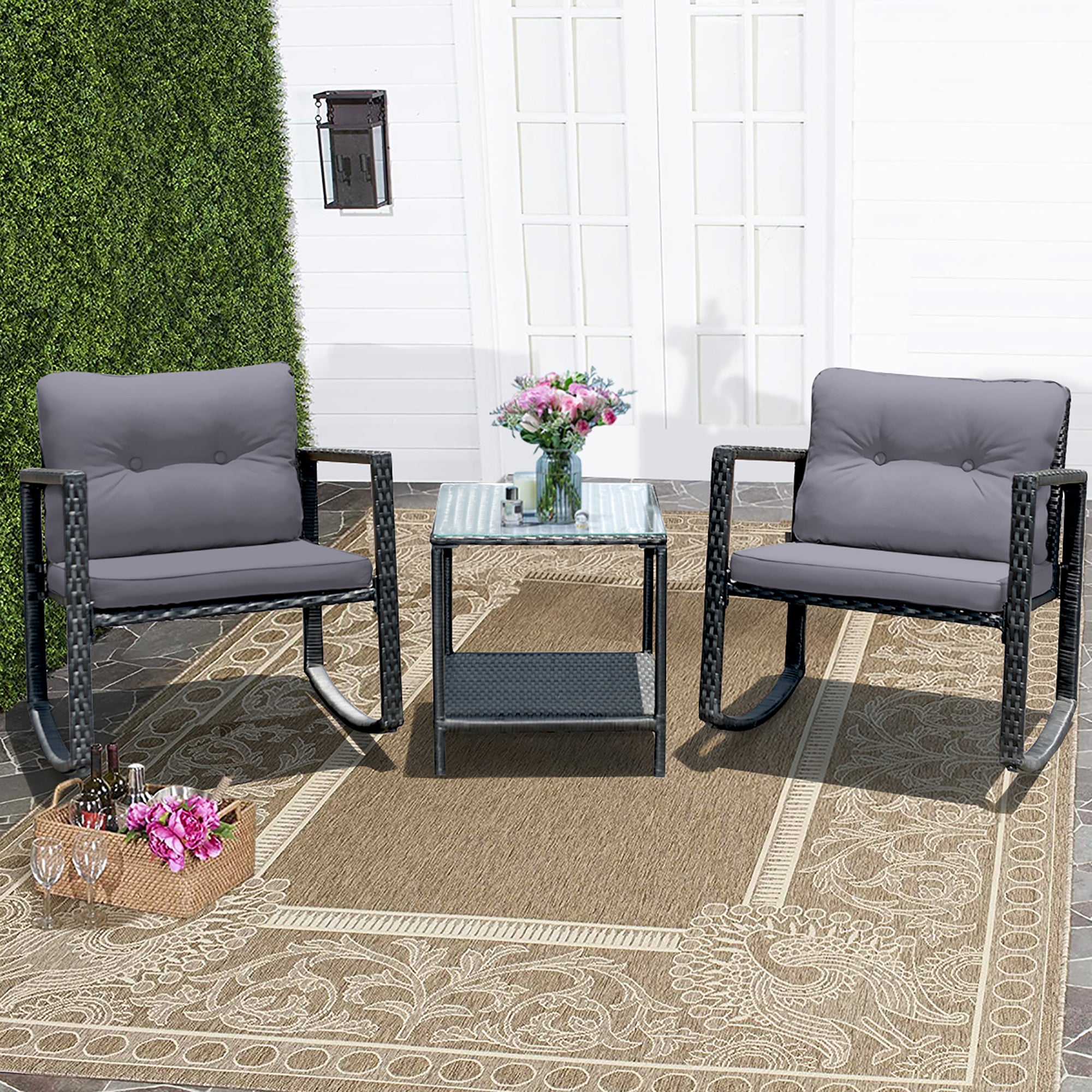  3 Piece Rattan Rocking Chair Conversation Set - Black - Bonton