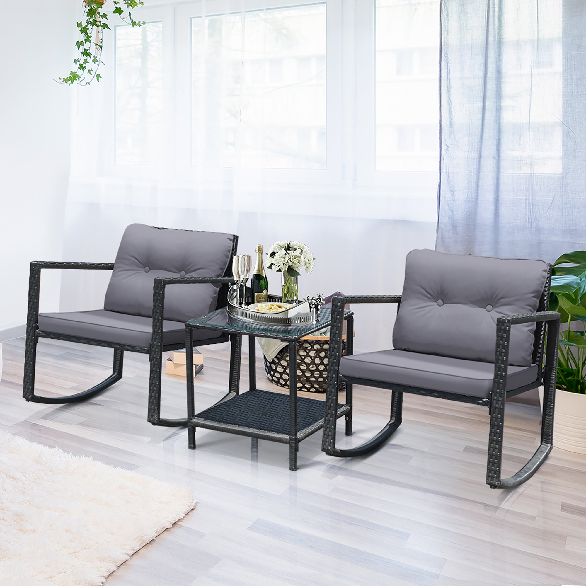  3 Piece Rattan Rocking Chair Conversation Set - Charcoal - Bonton