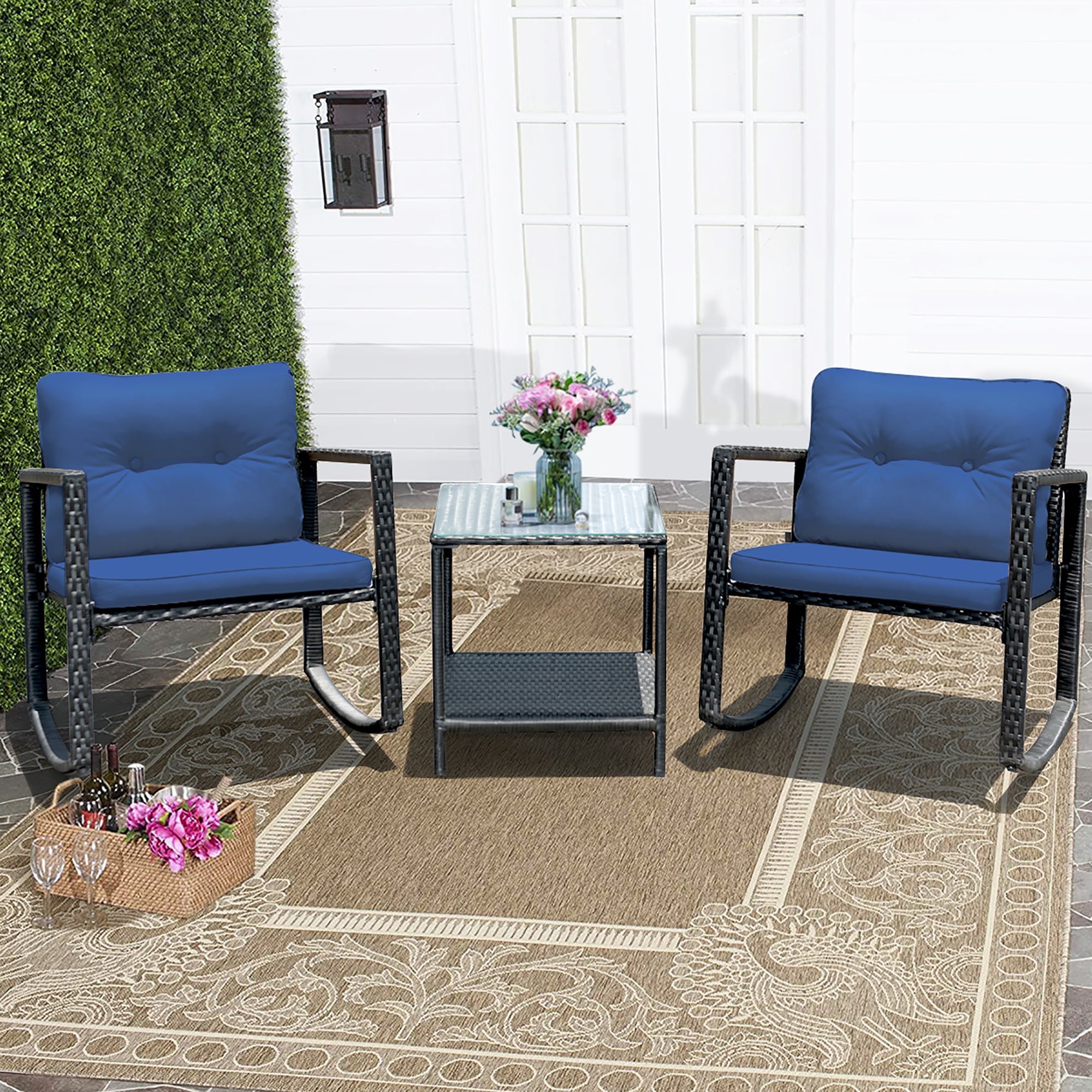  3 Piece Rattan Rocking Chair Conversation Set - Gray - Bonton