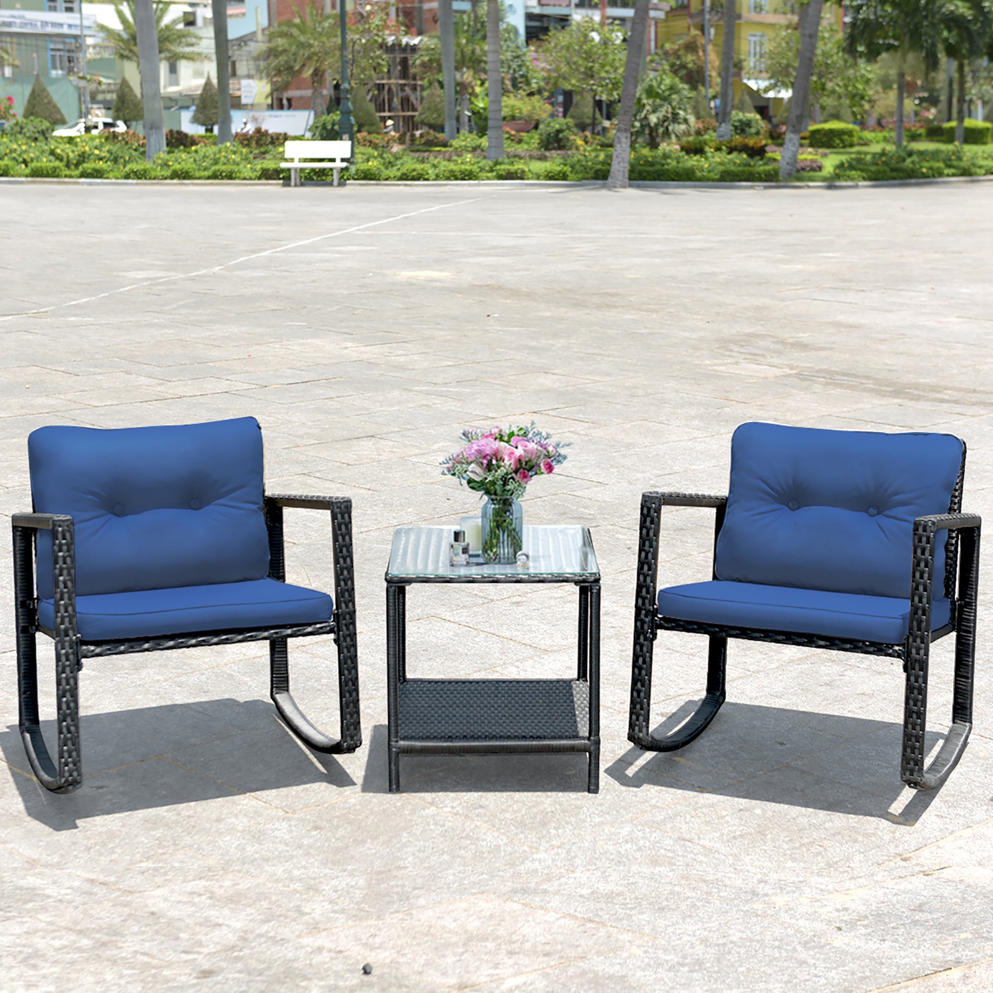  3 Piece Rattan Rocking Chair Conversation Set - Black - Bonton