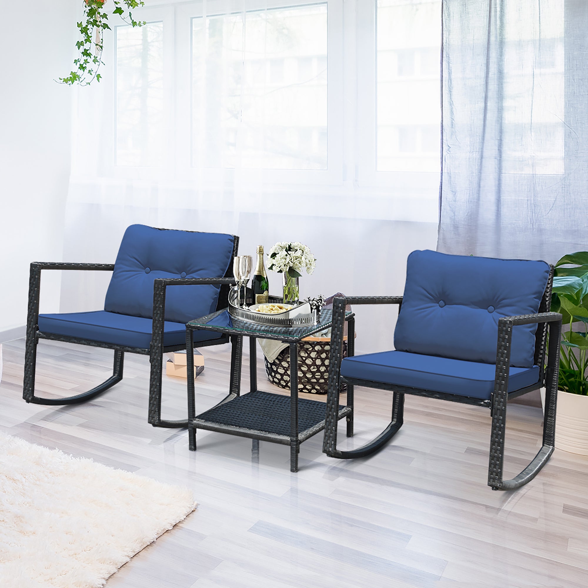  3 Piece Rattan Rocking Chair Conversation Set - Black - Bonton