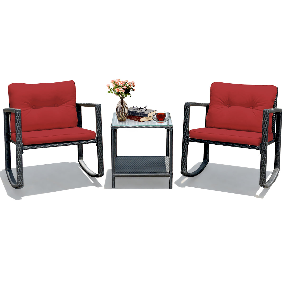  3 Piece Rattan Rocking Chair Conversation Set - Black - Bonton