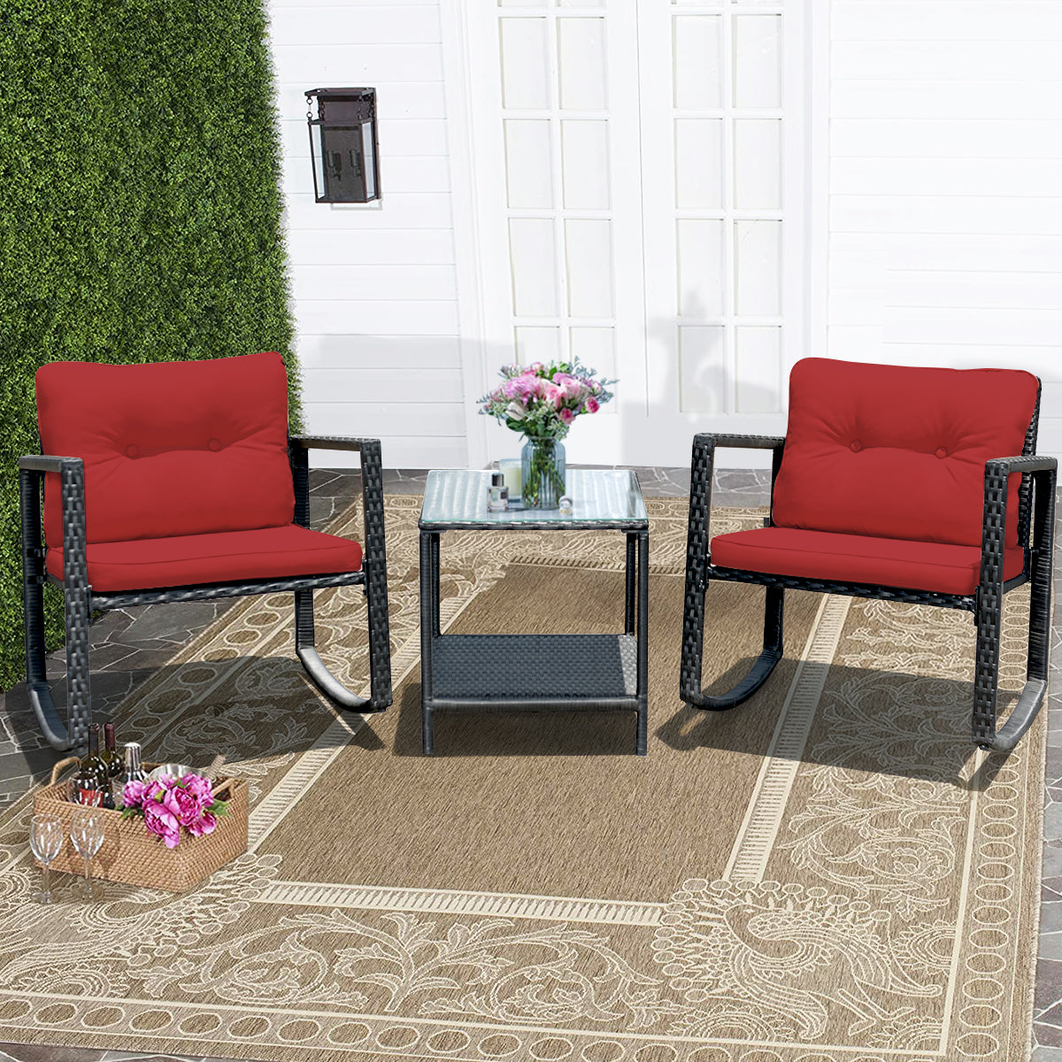  3 Piece Rattan Rocking Chair Conversation Set - Burgundy - Bonton