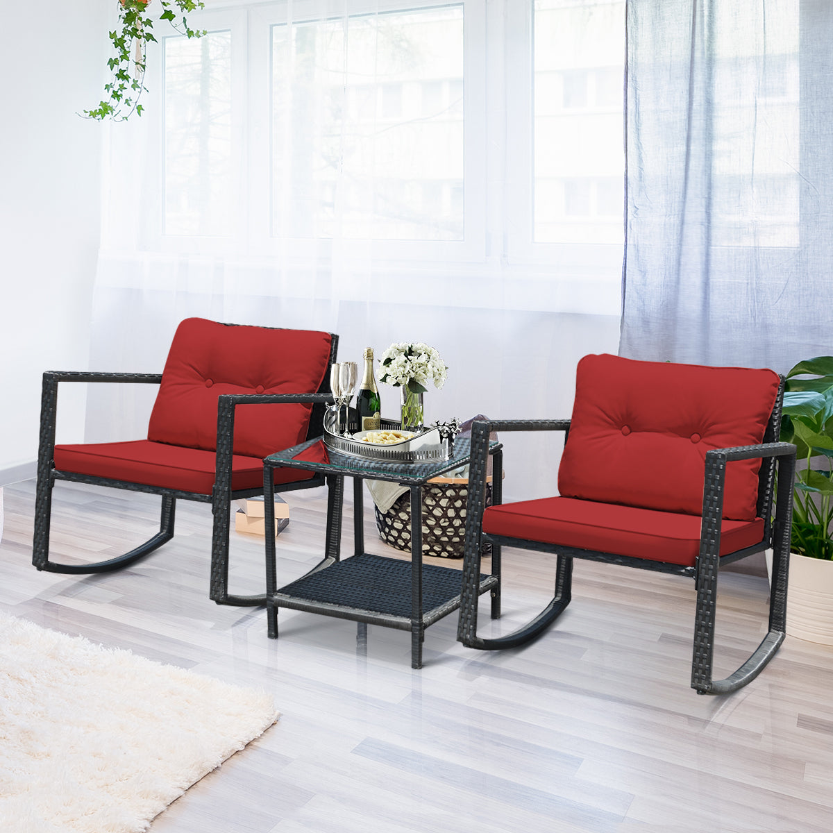  3 Piece Rattan Rocking Chair Conversation Set - Burgundy - Bonton