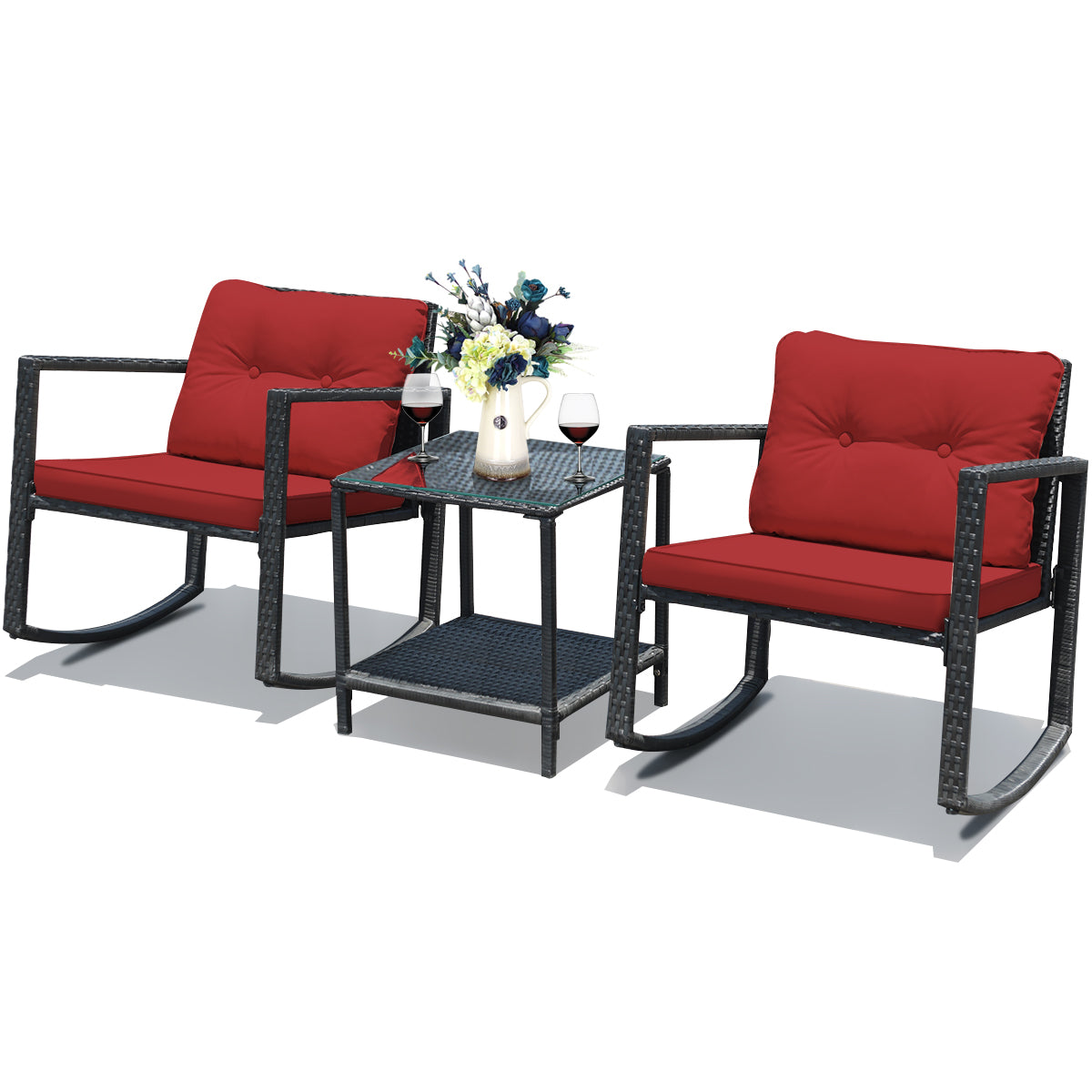  3 Piece Rattan Rocking Chair Conversation Set - Black - Bonton