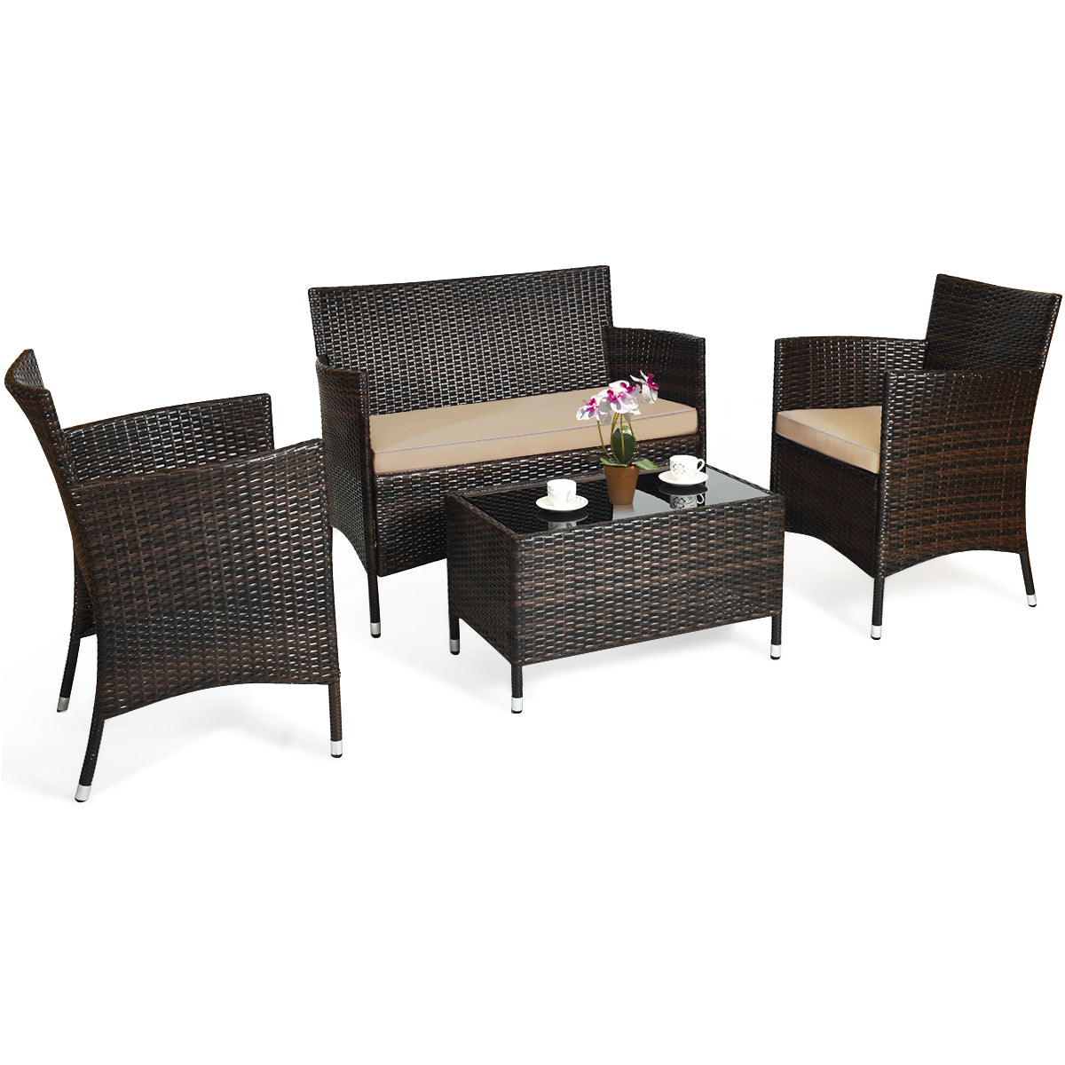  4 Piece Brown Rattan Cushioned Furniture Set with Glass Top Table - Brown - Bonton