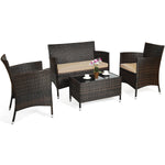 4 Piece Brown Rattan Cushioned Furniture Set with Glass Top Table