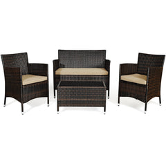 Rattan Furniture 4 Piece Set with Sofa, Chairs, and Coffee Table