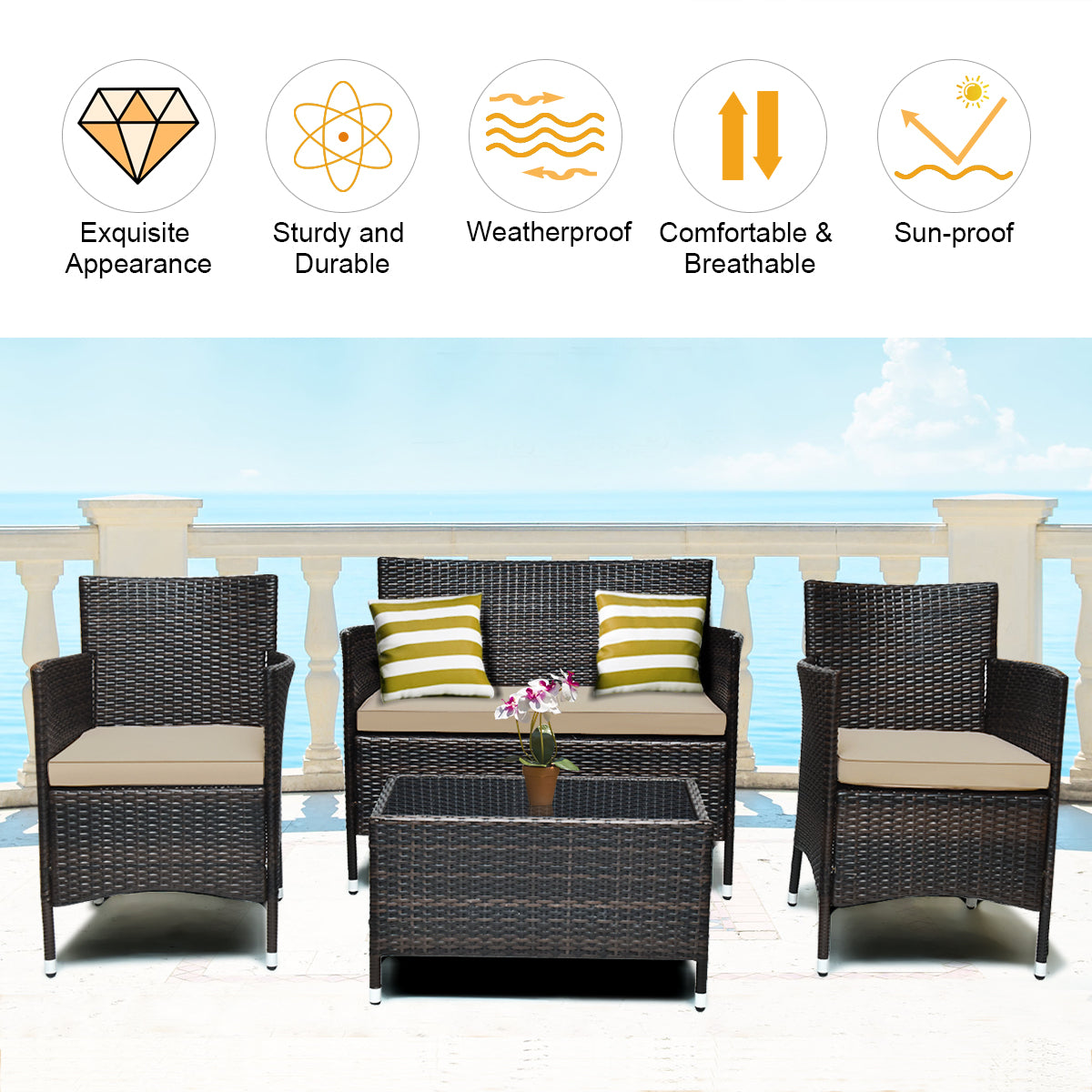  Rattan Furniture 4 Piece Set with Sofa, Chairs, and Coffee Table - Brown - Bonton