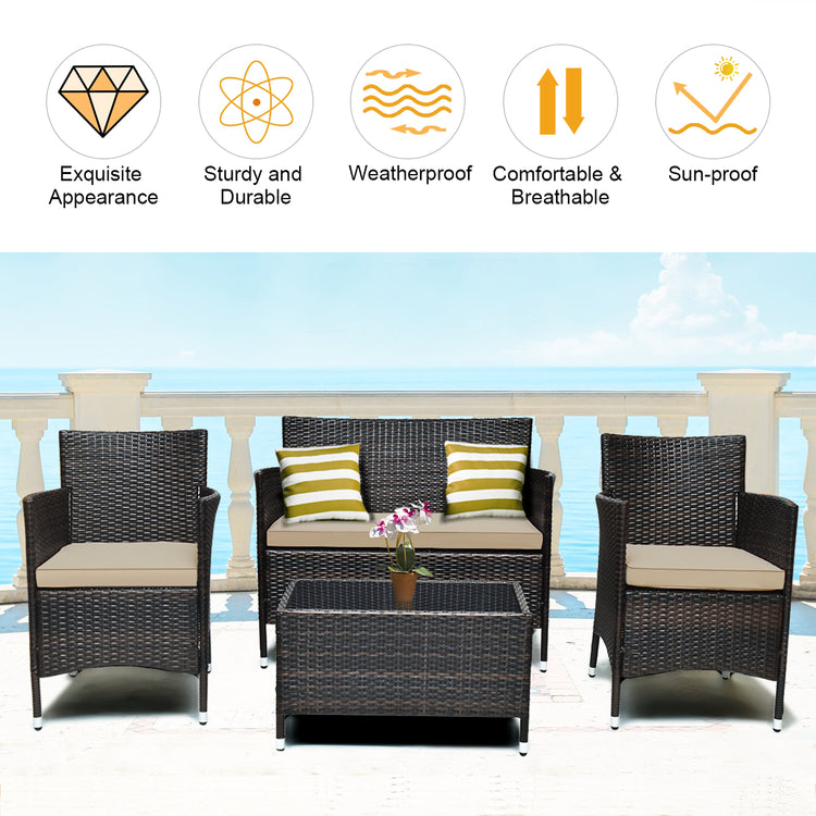 4 Piece Brown Rattan Cushioned Furniture Set with Glass Top Table