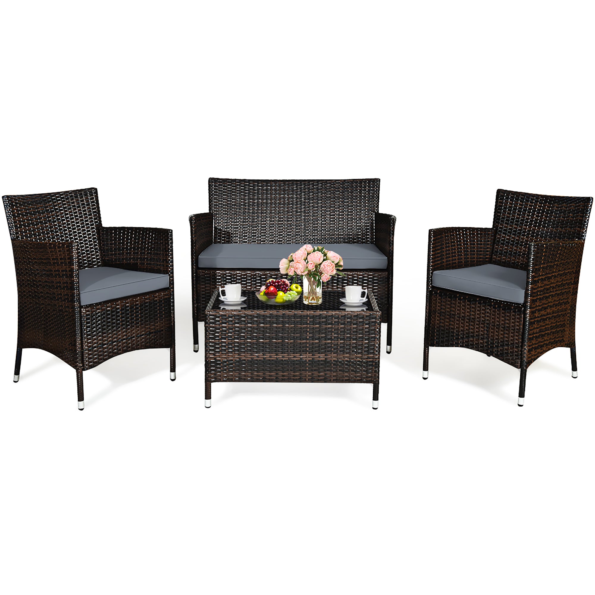  Rattan Furniture 4 Piece Set with Sofa, Chairs, and Coffee Table - Brown - Bonton