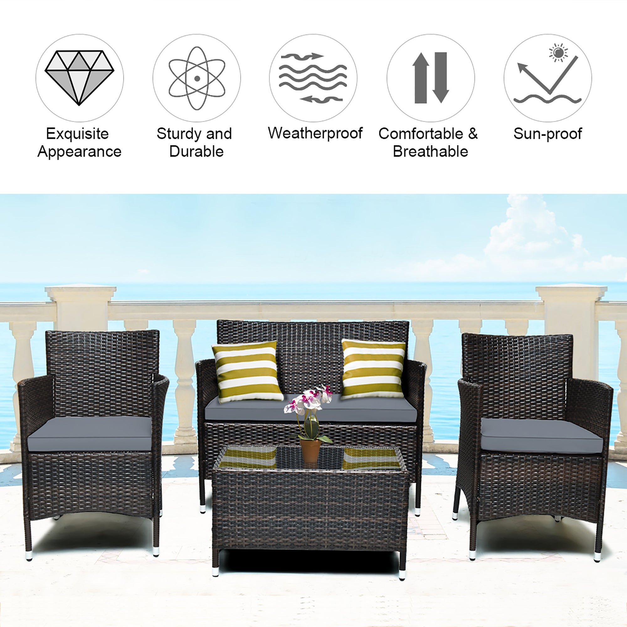  Rattan Furniture 4 Piece Set with Sofa, Chairs, and Coffee Table - Brown - Bonton