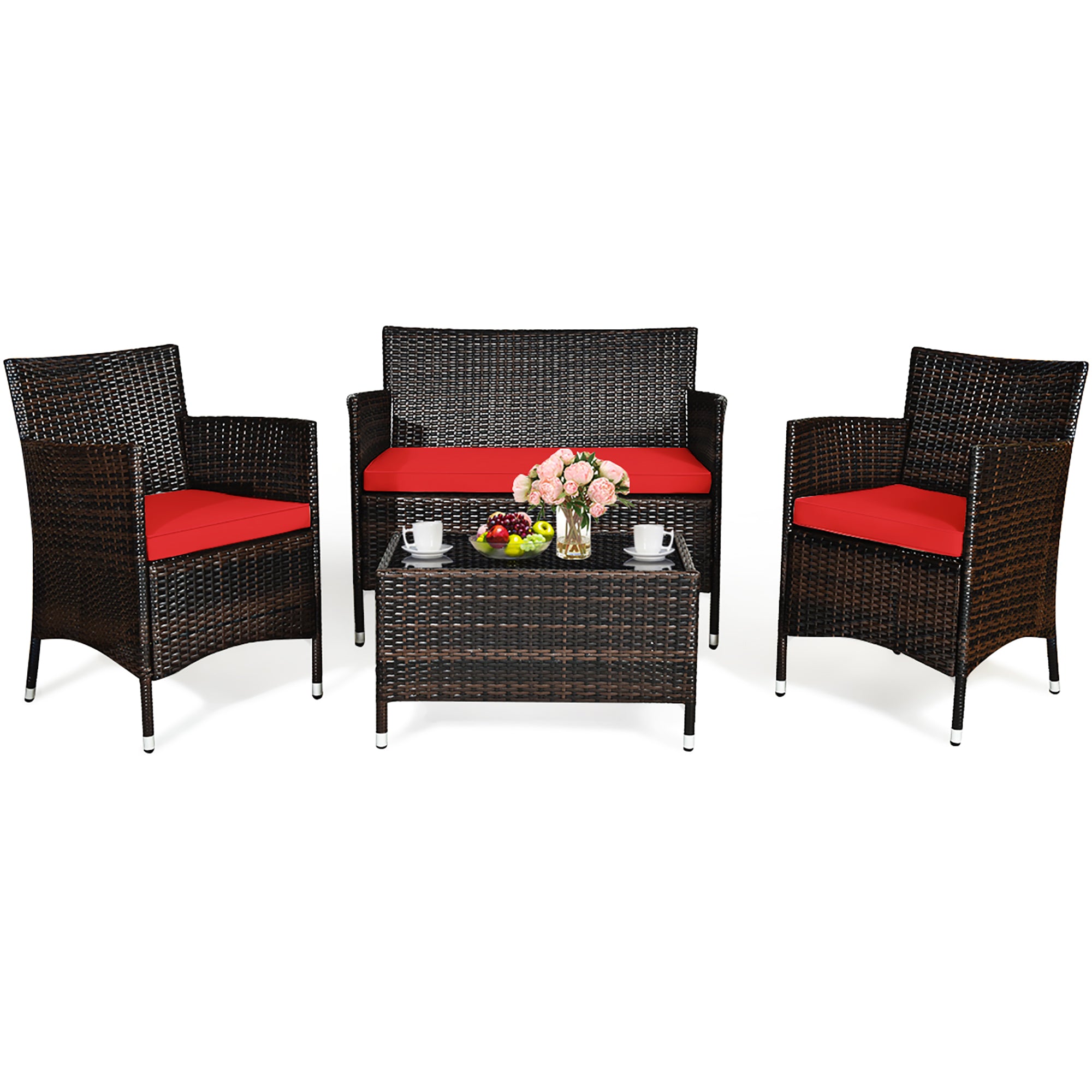  Rattan Furniture 4 Piece Set with Sofa, Chairs, and Coffee Table - Gray - Bonton