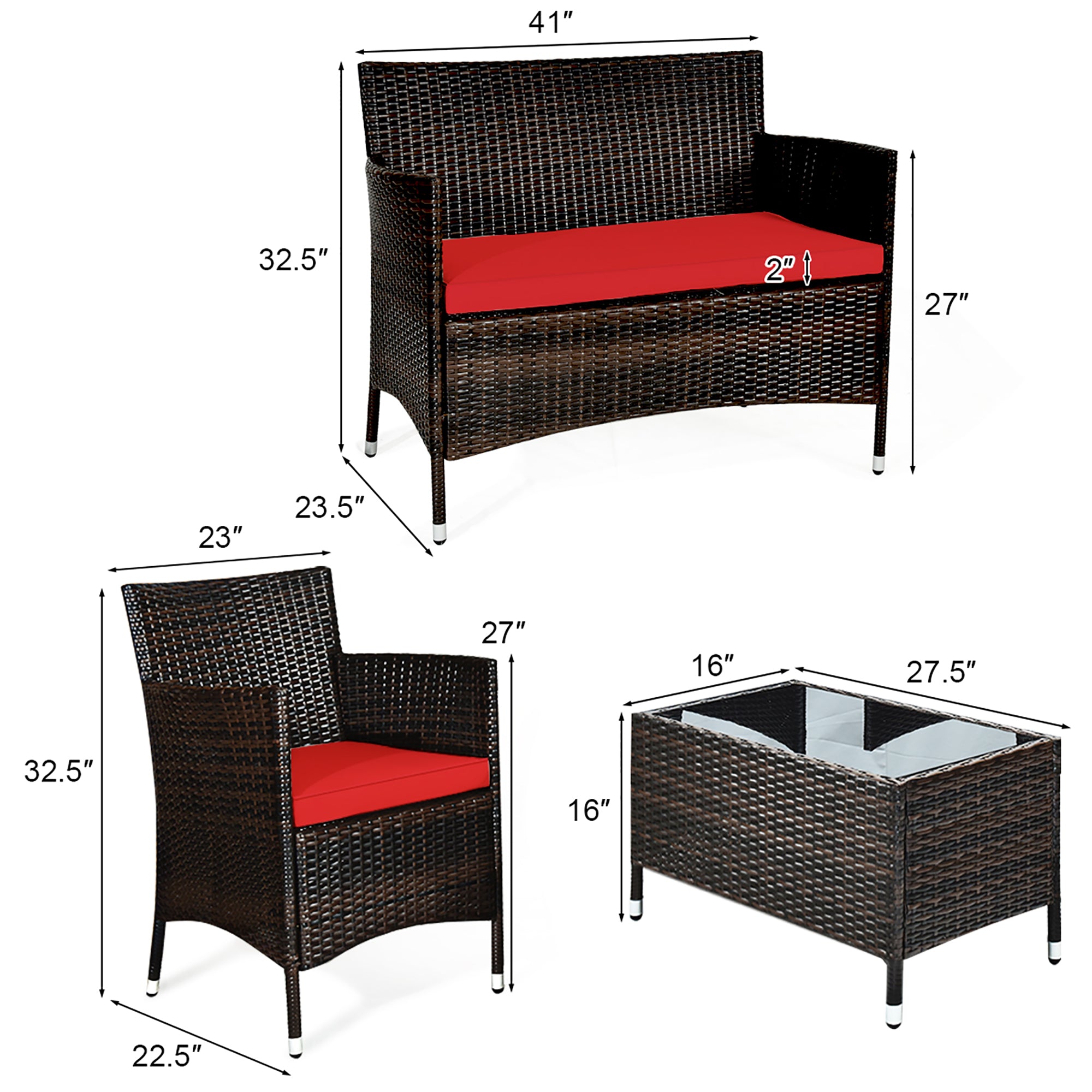  Rattan Furniture 4 Piece Set with Sofa, Chairs, and Coffee Table - Red - Bonton